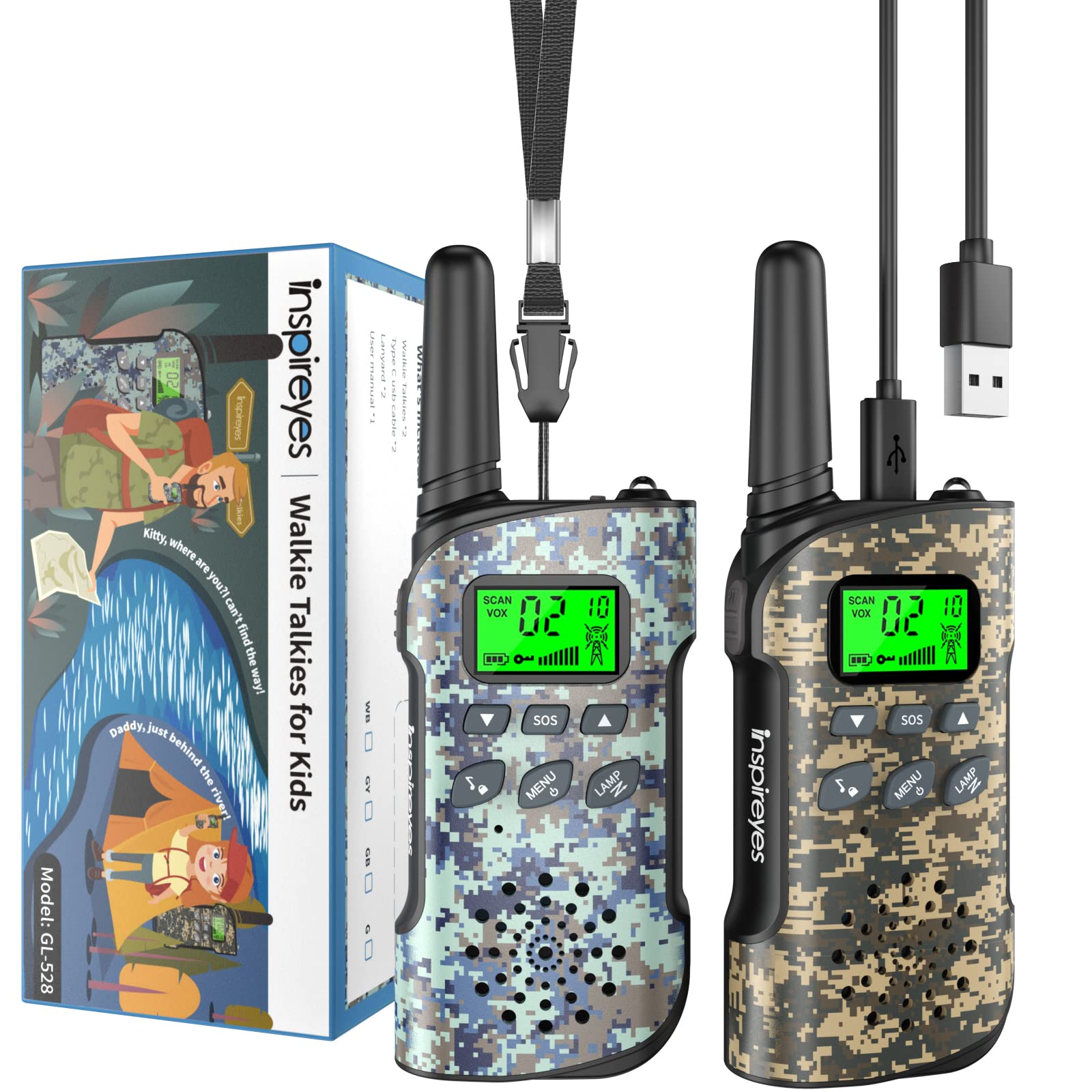 Inspireyes Walkie Talkies for Kids Rechargeable, Easter Gifts for Kids, Boys Girls Ages 3-12, 2-Pack Camouflage Kids Toys, Long Range 48-Hour Battery, Outdoor Camping Games Toys — image 1