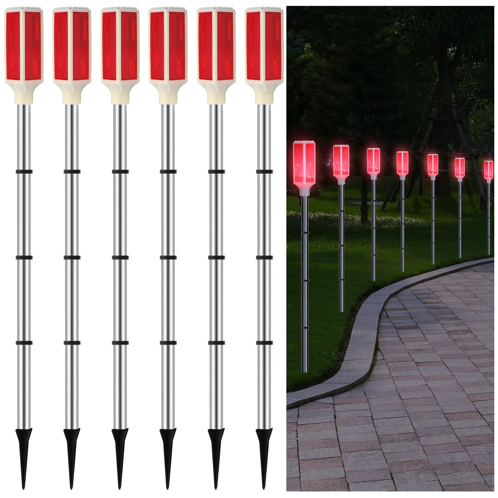 Photo 1 of Macarrie 6 Pcs Solar Powered Driveway Markers Reflector Lights Landscape Driveway Reflectors on Poles for Snow Road Outdoor Yard(37 Inch,Red)