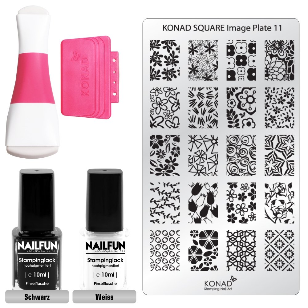 KONAD NAILFUN Kit Stamping "Square" pour Nail Art avec Tampon Carré 1 Plaque d KONAD Square et 2 Vernis Stamping NAILFUN Amazon Beauté et