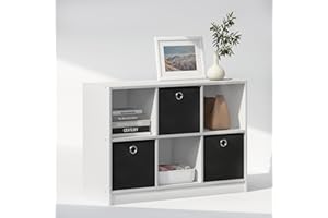 Furinno Cubic Multipurpose Clothing & Closet Storage Organizer Shelf with Bin Drawers, 6-Cube, White/Black
