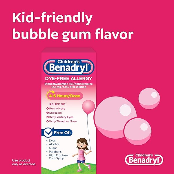 BENADRYL CHILDREN’S DYE-FREE ALLERGY RELIEF LIQUID, ALLERGY MEDICINE FOR KIDS, 12.5 MG DIPHENHYDRAMINE HCL ANTIHISTAMINE, RELIEVES RUNNY NOSE & SNEEZING, PARABEN-FREE, BUBBLE GUM FLAVOR, 8 FL.