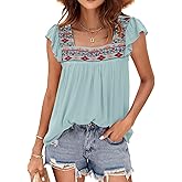 DOROSE Womens Square Neck Embroidered Tops Flowy Babydoll Tops Ruffle Sleeve Boho Peasant Blouses