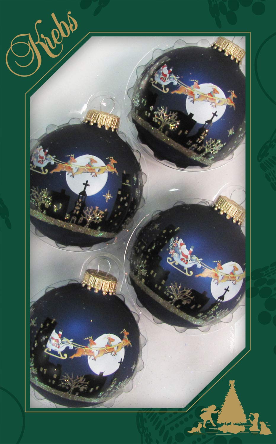 Dekohelden24 Lauschaer Christmas Tree Decorations - Set of 4 Baubles in Blue Mat with Christmas Scene 7 cm with Golden Crown
