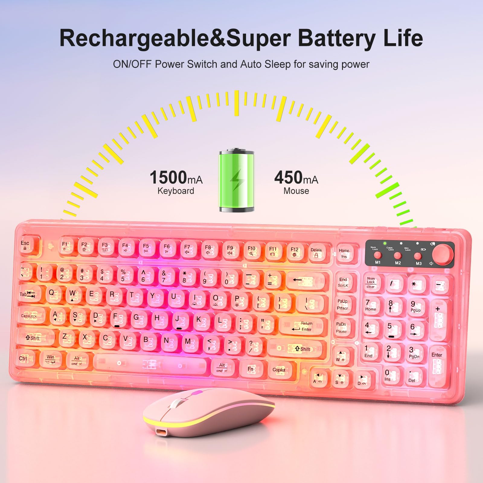 Pink Light Up Keyboard and Mouse Wireless,Cute 2.4Ghz Cordless Rechargeable Transparent Clear Backlit Keyboard,15 Backlight Effects,Volume Knob,RGB Mouse with 3 DPI for Mac Computer PC Laptop Desktop