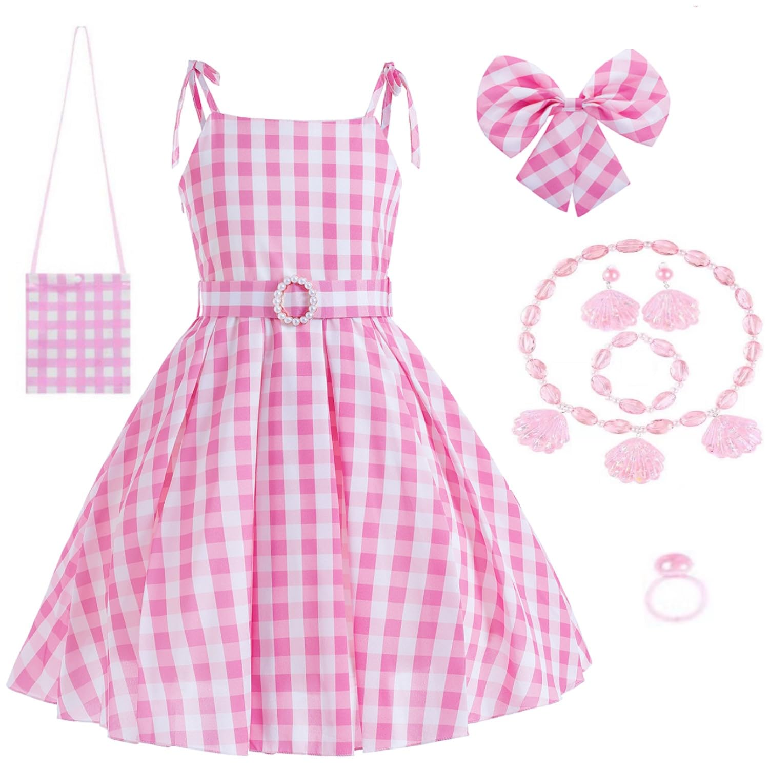 AODOKAT Girls Princess Costume Pink Plaid Dress With Accessories Movie Cosplay Dresses Pink Princess Costume Fancy Dress Up Kids Outfits Carnival Halloween (Dress With Accessories, 2-3 Years (100))