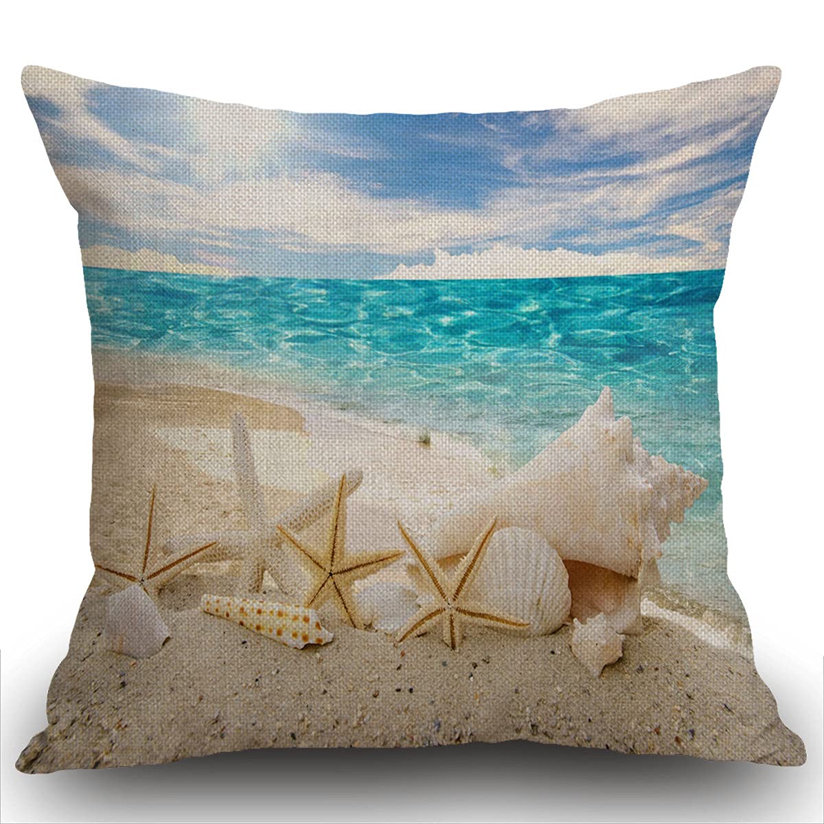 Smooffly Beach Starfish Cushion Cover,Cotton Linen Starfish Shell Square Pillow Cover Standard Pillowcase for Men Women Home Decorative Sofa Armchair Bedroom Livingroom 18X18 inch 45X45cm
