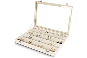 Frebeauty Earring Organizer Tray with Clear Lid 64 Slots Velvet Drawer Insert Earring Storage box with Transparent Glass lid 