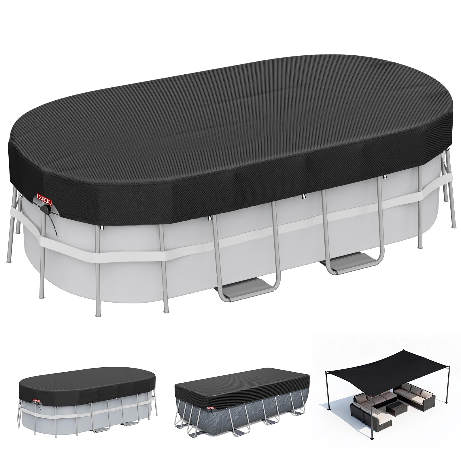 Photo 1 of LXKCKJ 7x10 FT Rectangular Pool Cover for Above Ground Pool, Solar Oval Pool Cover Protector, Winter Pool Cover with Accessories Set Ideal for Cold and UV Resistant, Dustproof (Black)
