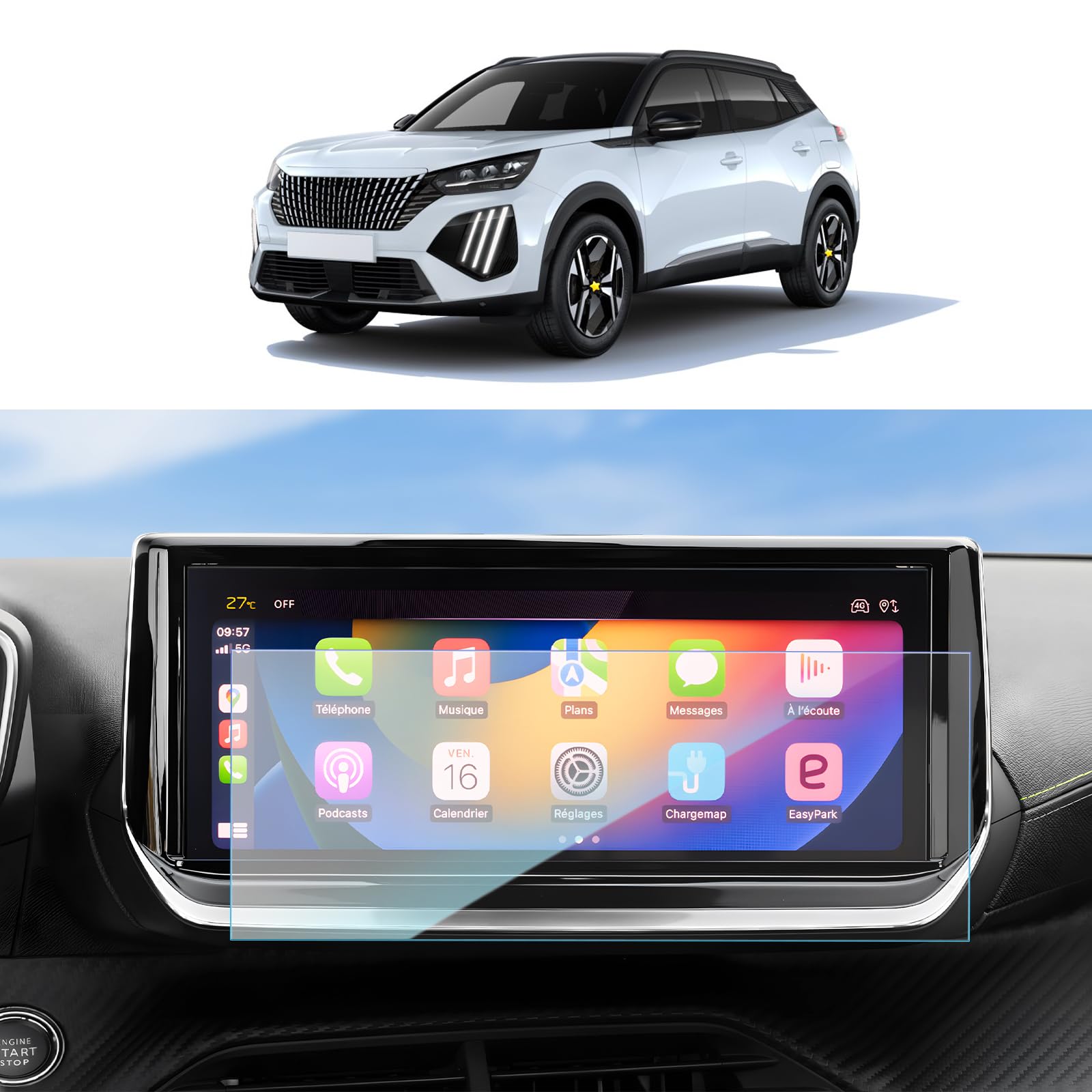 SKTU Screen Protector Compatible with Peugeot 208 e-208 P21 / 2008 e-2008 P24 2023 2024 Navigation Screen Protector Made of Tempered Glass 10 Inch