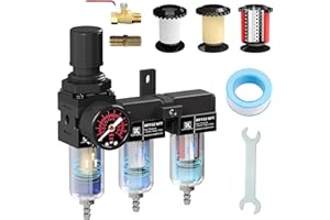 KANBOL 1/4''NPT Triple Stage Filter and Regulator with Pressure Gauge, for air Drying System with 5 and 0.5 and 0.01 Micron Brass Filter Cartridge air Compressor FRL Unit-Black
