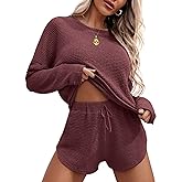 Ekouaer Womens Waffle Knit Pajama Sets Long Sleeve Top and Shorts Matching Lounge Set Loungewear Sweatsuit with Pockets