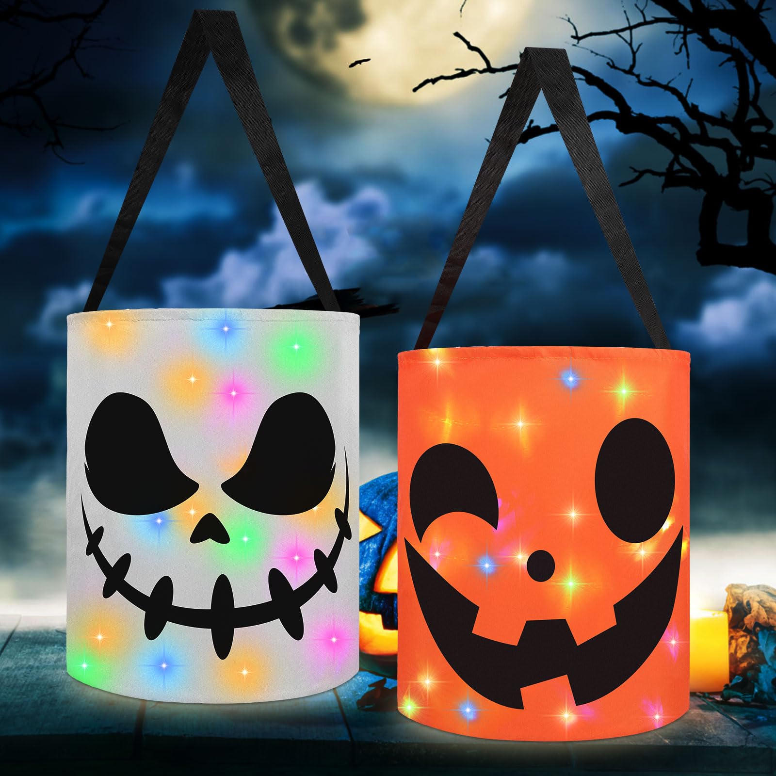 Photo 1 of CCINEE 2Pcs Light Up Halloween Trick Or Treat Bucket, Kids Candy Bags for Halloween Party Favors LED Glow in The Dark Goodie Bags for Trick Or Treat Candy Gifts