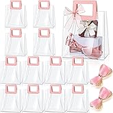 Fulmoon 12 Pcs Clear Gift Bag with Handle and Sheer Ribbon Reusable Transparent PVC Gift Bag for Bridal Party, Baby Shower, Wedding, Birthday, 7 x 4 x 8 Inch(Pink)