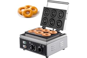 VBENLEM VEVOR 110V Commercial Waffle Donut Machine 6 Holes Double-Sided Heating 50-300℃, Electric Doughnut Maker 1550W, Non-stick Donut MakerTeflon-Coating for Professional Kitchen (Depth:0.55",Dia:2.95")