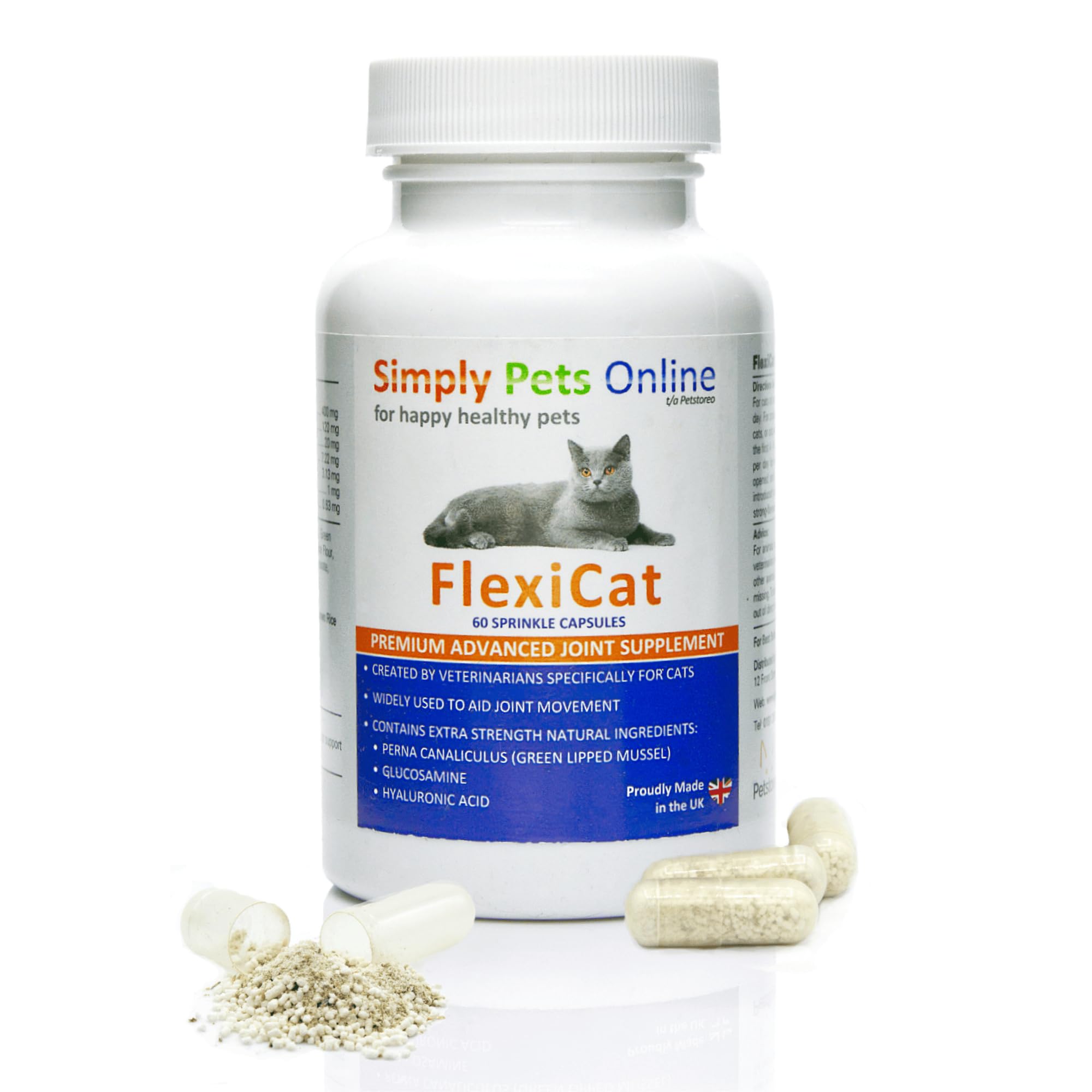 Simply Pets Online FlexiCat Joint Supplement for Cats - UK Veterinarian Brand - 60 Sprinkle Capsules - Cat Joint Support & Mobility - Green Lipped Mussel & Glucosamine - For Senior Cats
