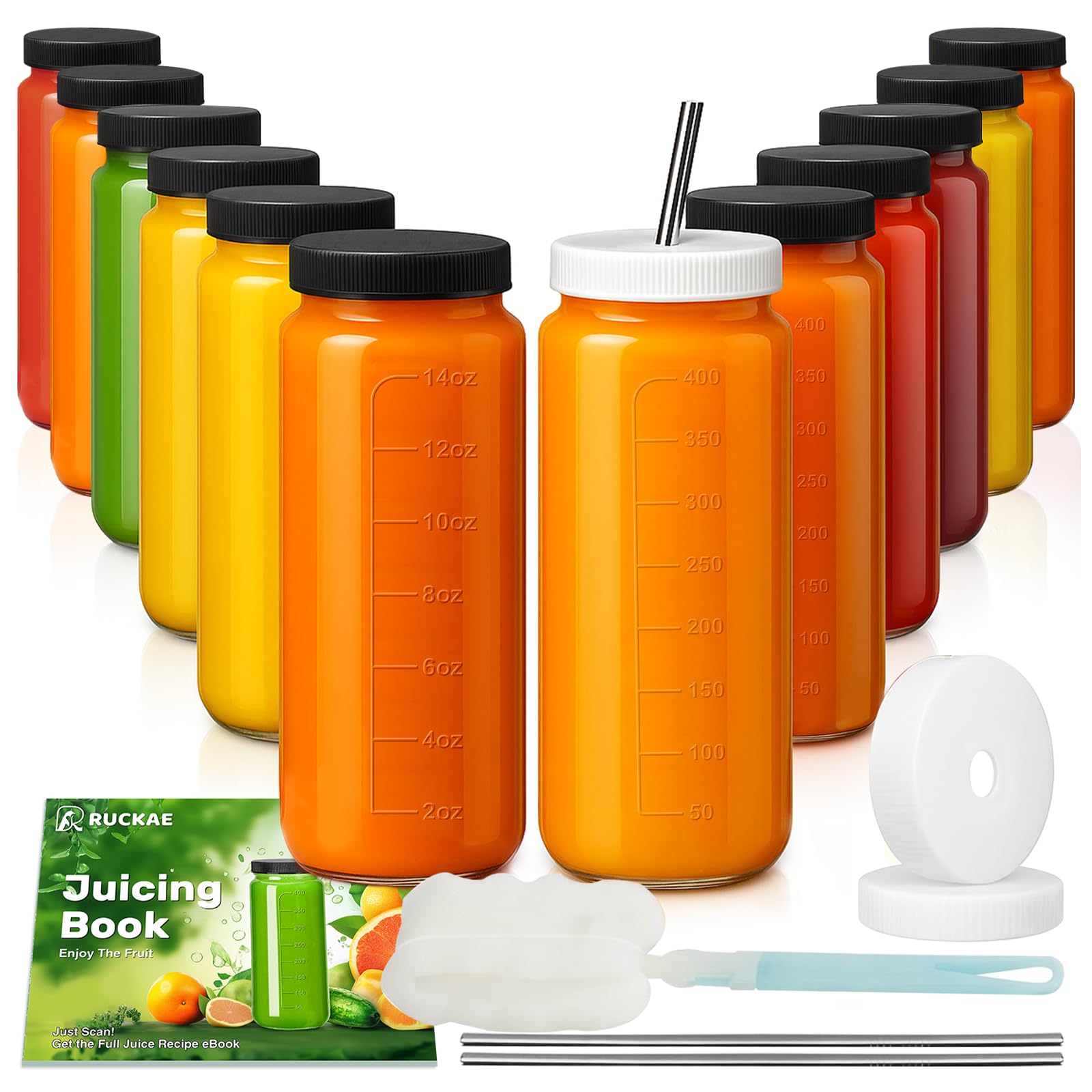 Photo 1 of Ruckae 16oz 12 Pack Juice Bottles, Glass Bottles Juicing with Lids, Smoothie Cup Lids and Straws, Water Bottle Mason Jar Drinking Glasses for Juicing, Smoothies, Kombucha
