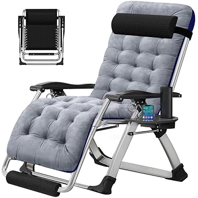 DoCred Oversized Zero Gravity Chair, 29In XL Lawn Folding Lounge Chairs, Lawn Recliner, Reclining Patio Lounger Chair, Folding Portable Chaise with Detachable Soft Cushion, Cup Holder, Headrest