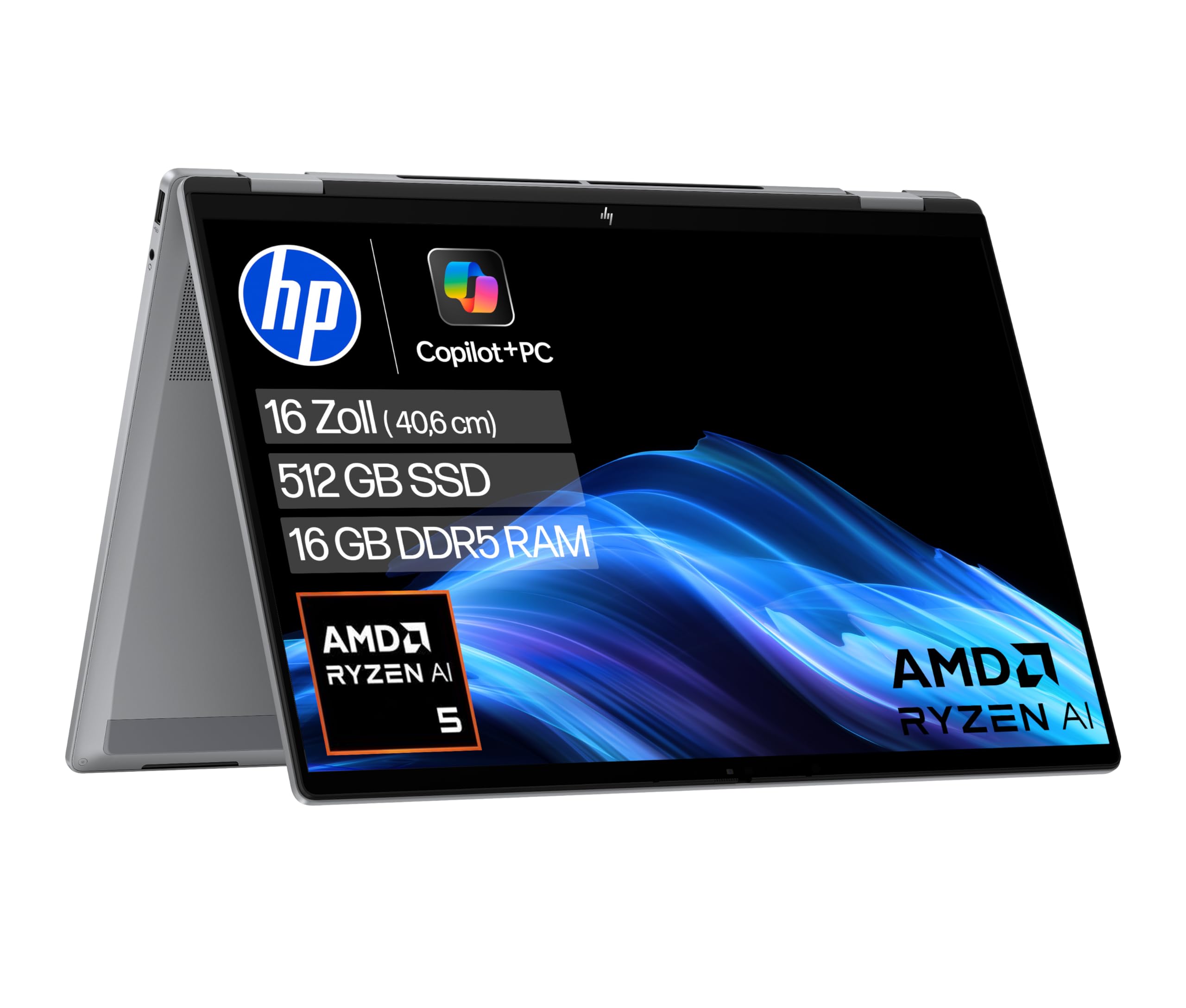 HP OmniBook X Flip 2in1 Next Gen AI Laptop | AMD Ryzen AI 5 340 (6C) | dedizierte NPU für KI | 50 NPU Tops | Copilot+ PC | 16" WUXGA 1920x1200 Touchscreen | 16GB | 512GB SSD | Win11 | QWERTZ | Silber