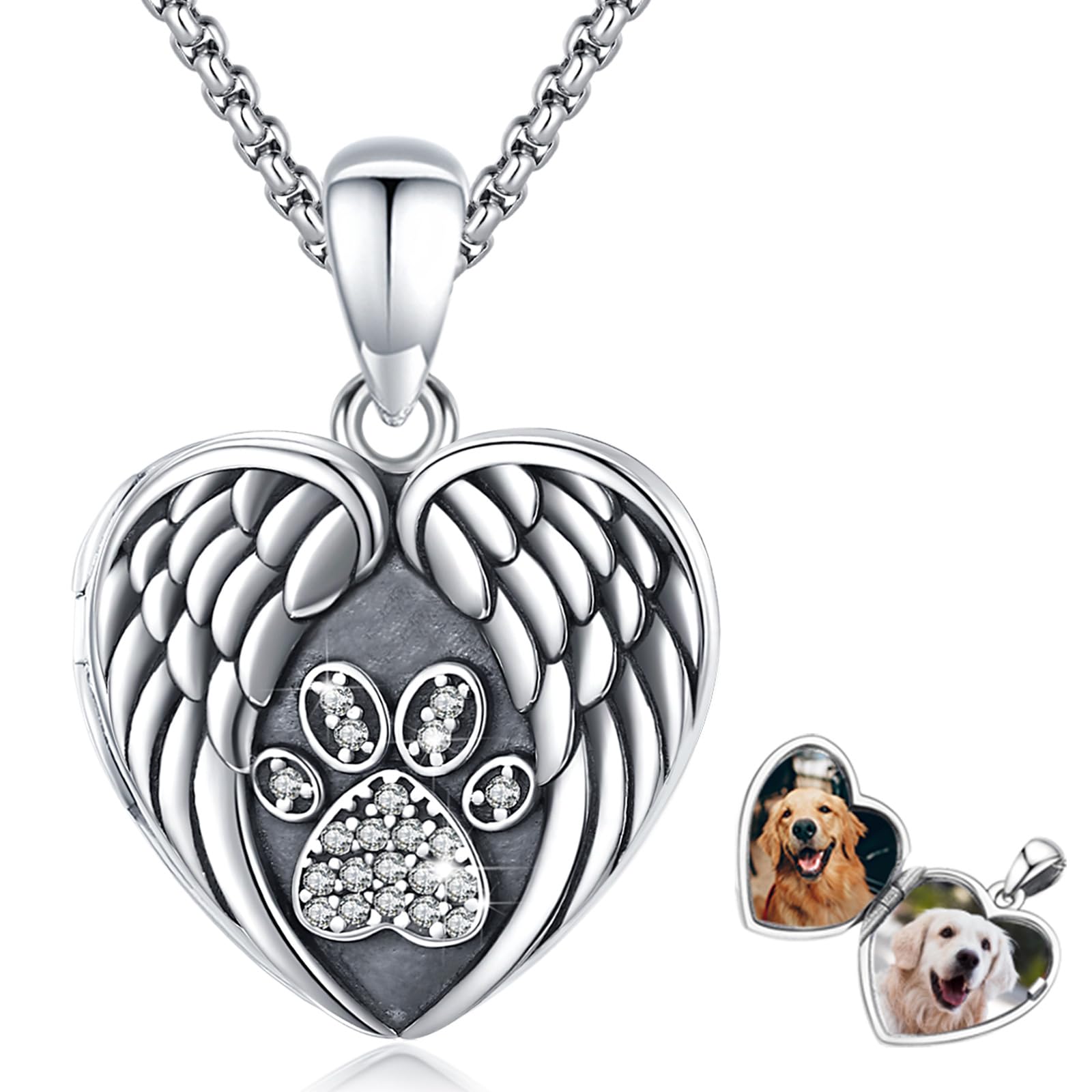 Eusense Photo Necklace, 925 Silver Locket for Pictures, Dog Paw Locket Pendant, Heart Photos Jewellery for Women
