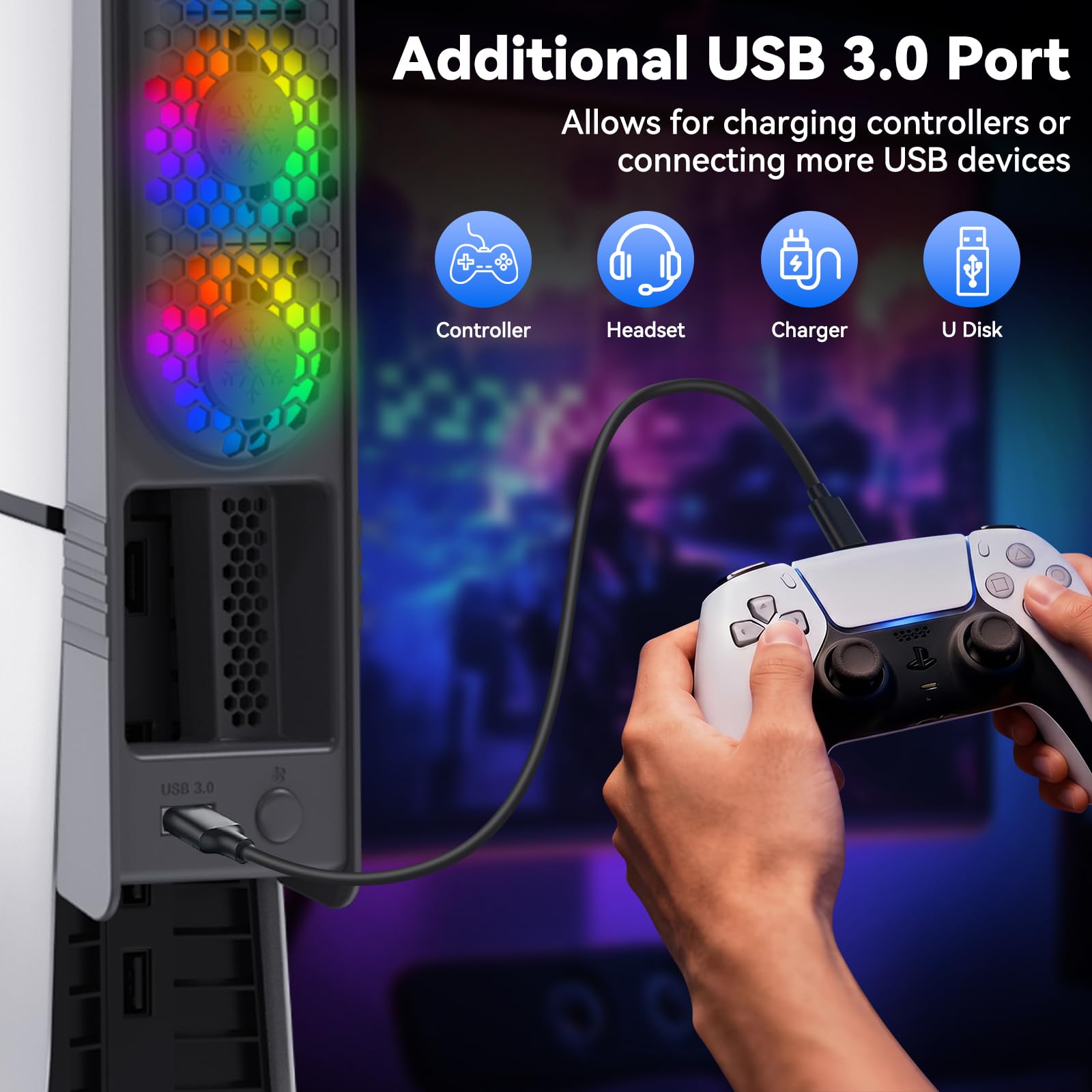 ELUTENG Kühlventilator für PS5 Slim / PS5 Pro, Leises Lüfter mit RGB-Licht & Automatischer Temperaturgesteuerte Geschwindigkeit, Lüfter Kühler mit USB 3.0 Port für Playstation 5 Pro / Slim Disc & Dig 5