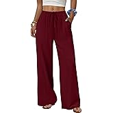 Sampeel Wide Leg Pants for Women Flowy Palazzo Drawstring Elastic Waist Trousers with Pockets Summer Beach Vacation Clothes