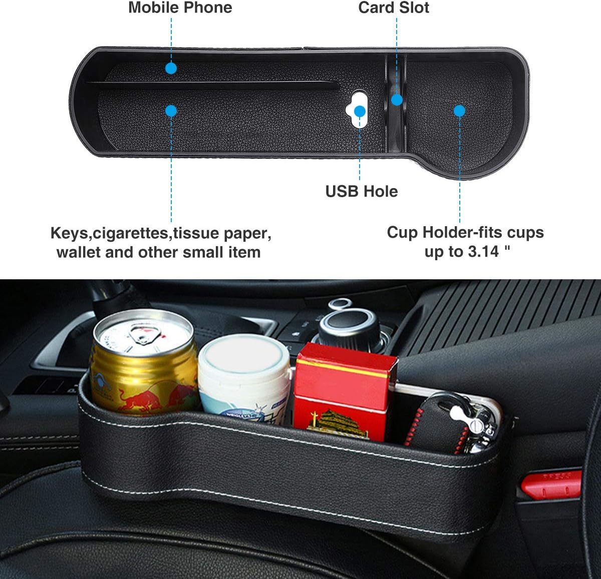 CAMTOA Car Seat Gap Filler,Multifunctional Car Seat Organizer with Cup Holder PU Leather Seat Console Side Pocket Storage Box for Cellphones, Keys, Cards, Wallets, Sunglasses(Driver Side): Automotive