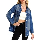 LifeShe Women’s Distressed Denim Jacket Long Sleeve Ripped Jean Coat with Frayed Hem, Casual Loose Fit Button Down Outerwear