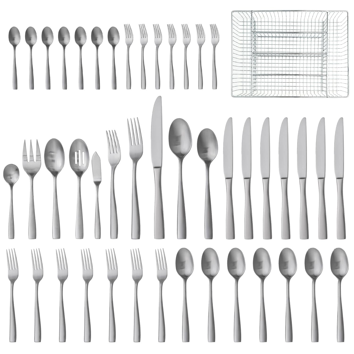 Photo 1 of HIKAA Forged Silverware Set Stainless Steel Flatware Set,Service for 8,Matte Satin Polished Cutlery Set, with Serving Set and Metal Organizer (Matte Silver 45PCS)