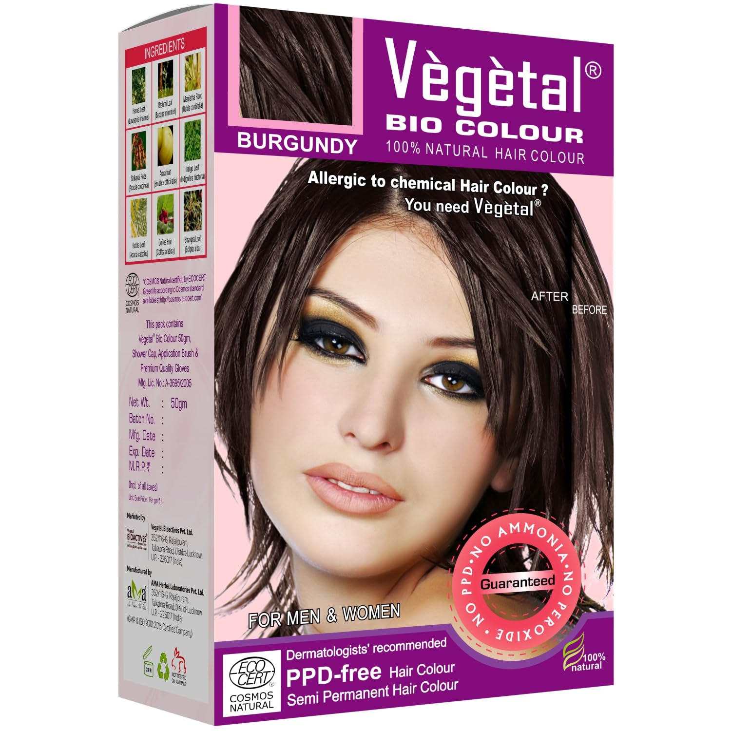 Vegetal Bio Hair Color -Burgundy 50gm| Ammonia and PPD-Free, 100% Herbal Certified Organic Hair Color for Men and Women | With Complete Kit