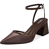 QIY Closed Toe Heels for Women Ankle Strap Pointed Toe Slingback Chunky Low Heels Womens Pumps Wedding Dress Shoes