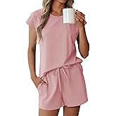 Ekouaer Pajamas for Women Set Cotton 2 Piece Summer Pjs Shorts Set Cap Sleeve Lounge Sets Sleepwear Pink,Large