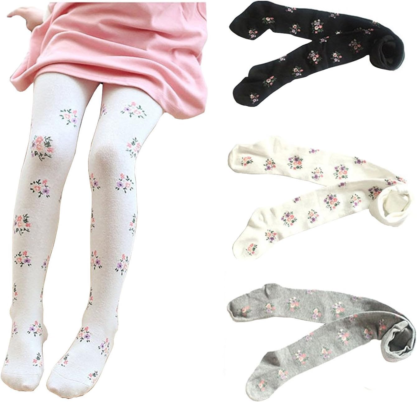 Gellwhu 3-Pack Cotton Girl Tights Kids Pantyhose Flower Print Stocking 3-9 Years