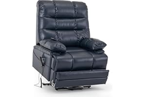 Irene House Big Tall Man Power Lay Flat Lift Recliner Extra Large Oversized Wide Heat Massage Dual Motor Up to 400 LBS Electric Chairs Bed,9205L Extended Footrest(Faux Leather, Black Blue)