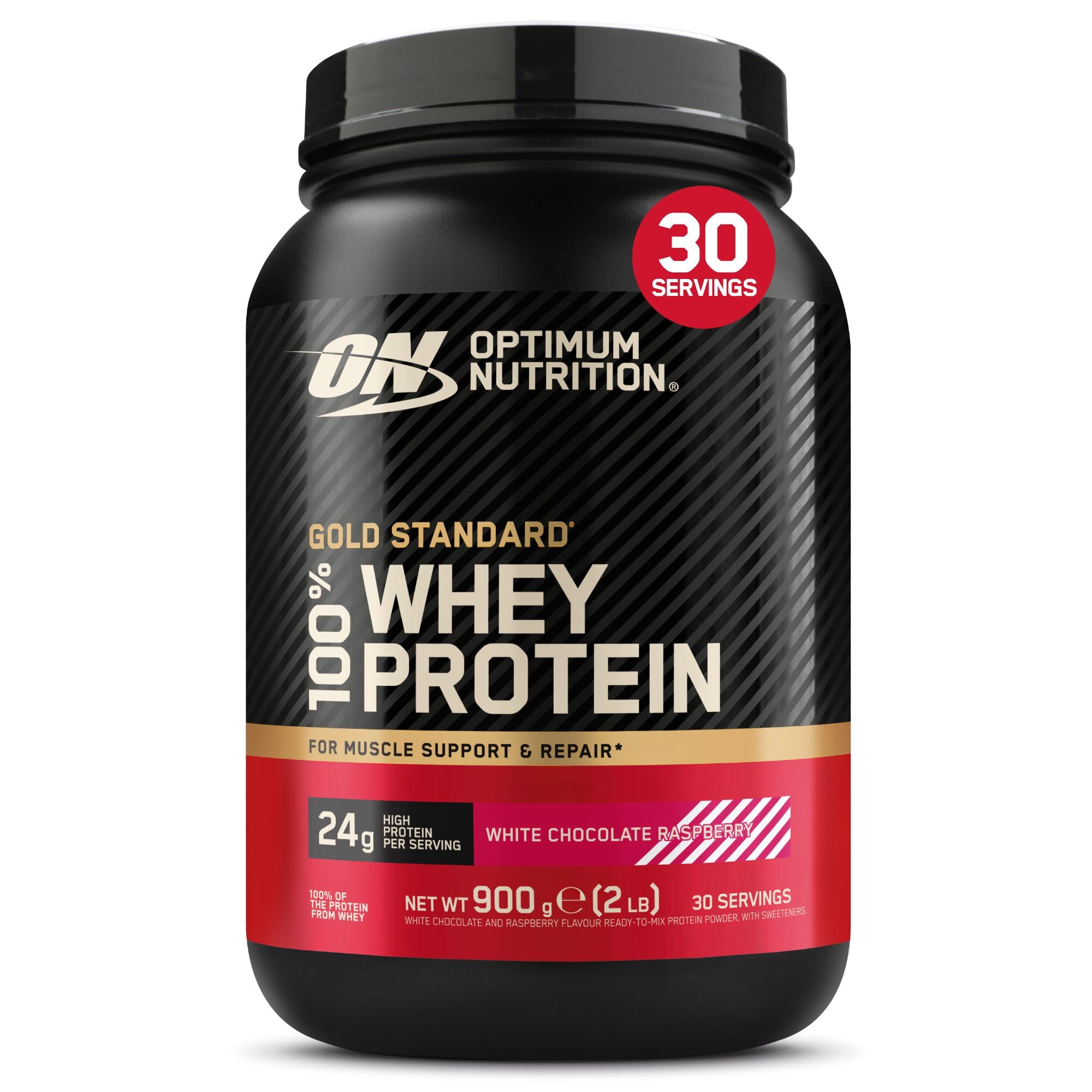 Optimum Nutrition Gold Standard 100% Whey Muscle Building and Recovery Protein Powder With Naturally Occurring Glutamine and BCAA Amino Acids, White Chocolate Raspberry Flavour, 30 Servings, 900 g