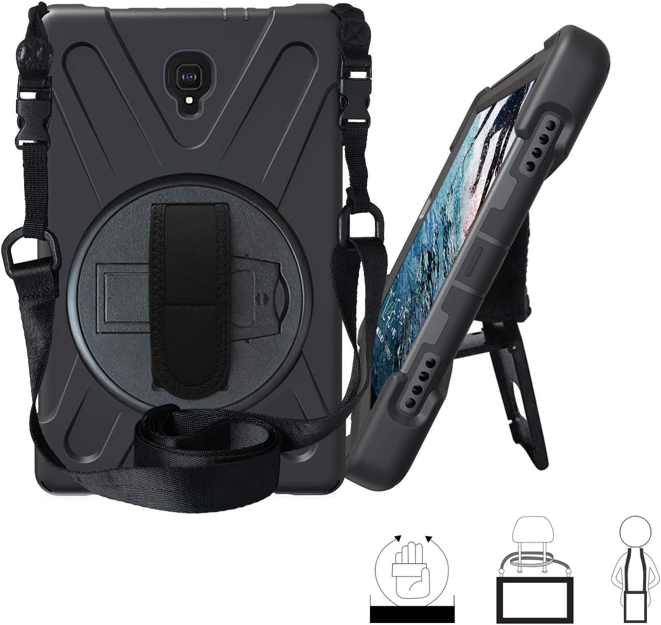 Zolten Stand and Removable Shoulder Strap 3 Layer Rugged Shock Proof Full Body Silicone Case for Galaxy Tab A-10.5 SM-T590/SM-T595 (Black)