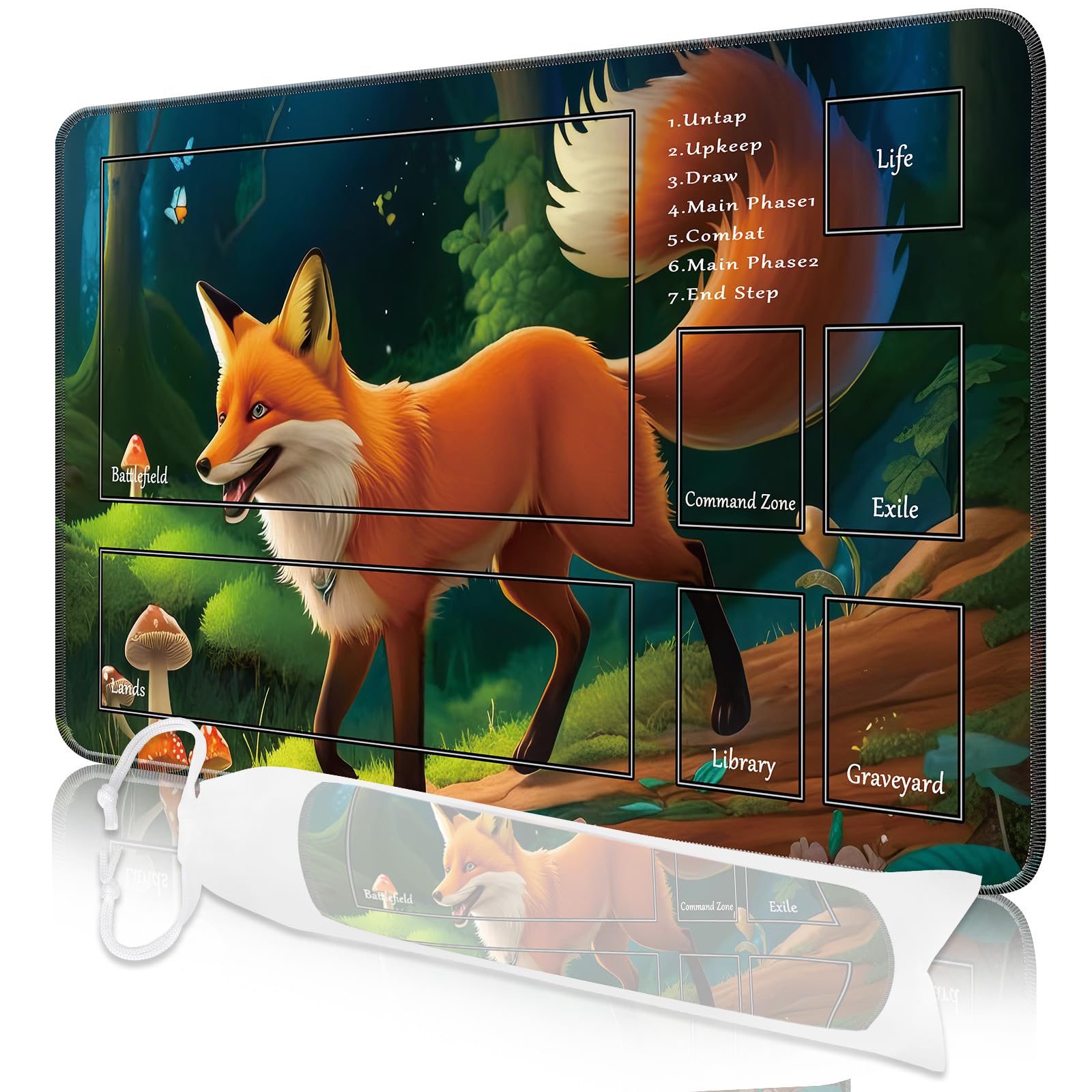 Nkddert MTG Spielmatte, 24x14in TCG Karte Spielmatte genähte Kanten MTG Commander Spielmatte 3mm dickes wasserdichtes MTG Spielmatte mit Zonen mit Aufbewahrungstasche（Fuchs Motive）
