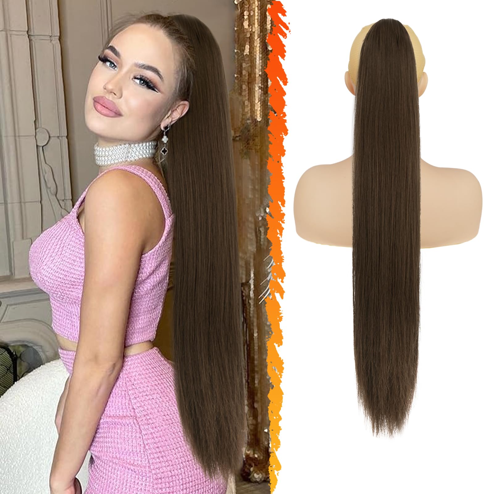 BARSDAR Long Straight Ponytail Extension, 30 Inch Drawstring Brown Ponytail Hair Extensions Synthetic Clip in Pony Tails Hairpieces Fake Ponytails for Women Girls Daily - Chestnut & Chocolate Brown โ image 1