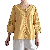 Minibee Women's Cotton Linen Shirts 3/4 Length Sleeve Tops V Neck Button Down Embroidered Blouses