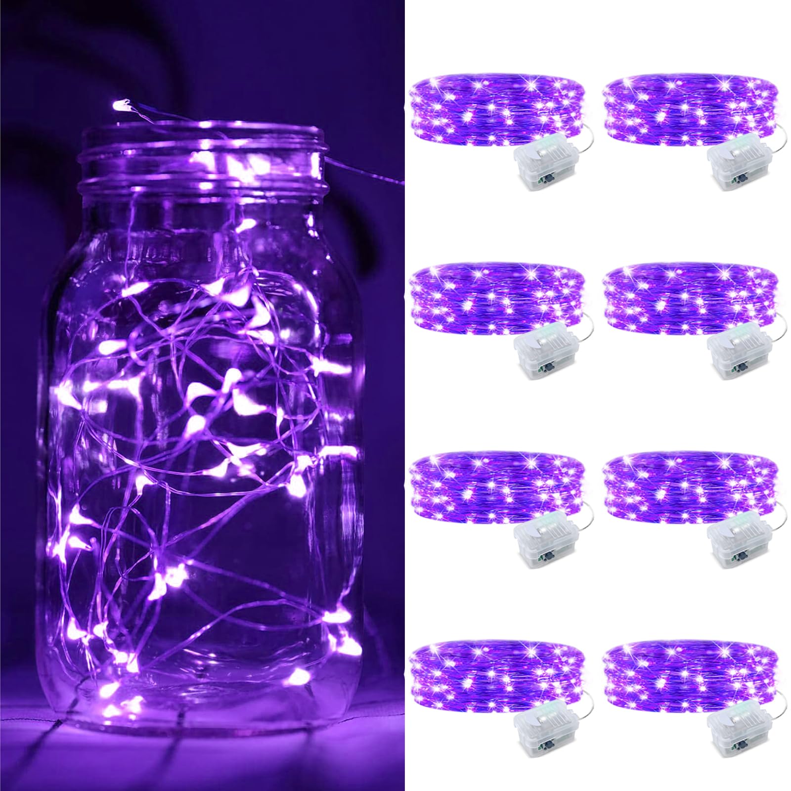Photo 1 of ZGWJ 8 Pack Fairy Lights Battery Operated, 7ft 20 Mini LED Fairy String Lights Silver Wire 3 Modes for DIY, Parties, Wedding, Bedroom, Halloween Christmas Decoration Purple