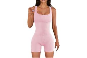 QACKNE Seamless Romper for Women Ribbed Workout Yoga Jumpsuit Square Neck Bodycon Bodysuit One Piece Short Jumpsuits