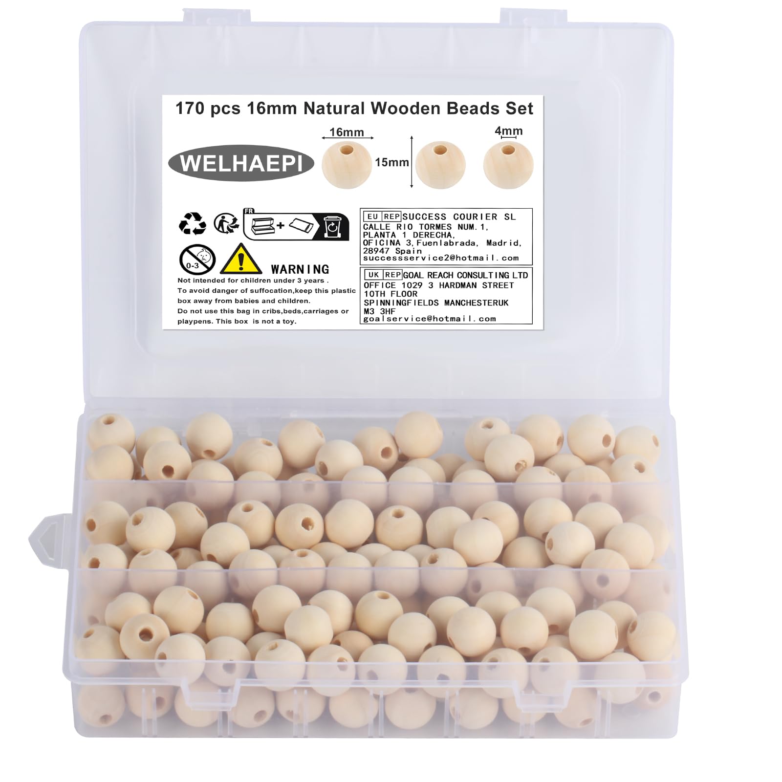 WELHAEPI 170 Pcs Round Wooden Beads Set, Natural, 16mm, Craft Beads for DIY, Jewelry, Decoration — image 1