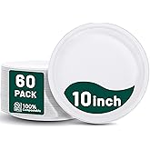DaYammi 100% Compostable Paper Plates 10 Inch, 60-Pack Heavy Duty Paper Plates Bulk,Biodegradable Bagasse,Eco-Friendly Disposable Dinner Plate for BBQ,Picnic,Party (BPI Certified,Microwaveable)