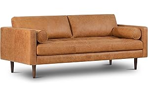 POLY & BARK Cognac Tan Brown Leather Couch - 88.5" Mid Century Leather Sofa with 2 Bolsters - Full Grain Camel Leather Couch - Feather-Down Topper On Seating Surface - Pure-Aniline Italian Leather
