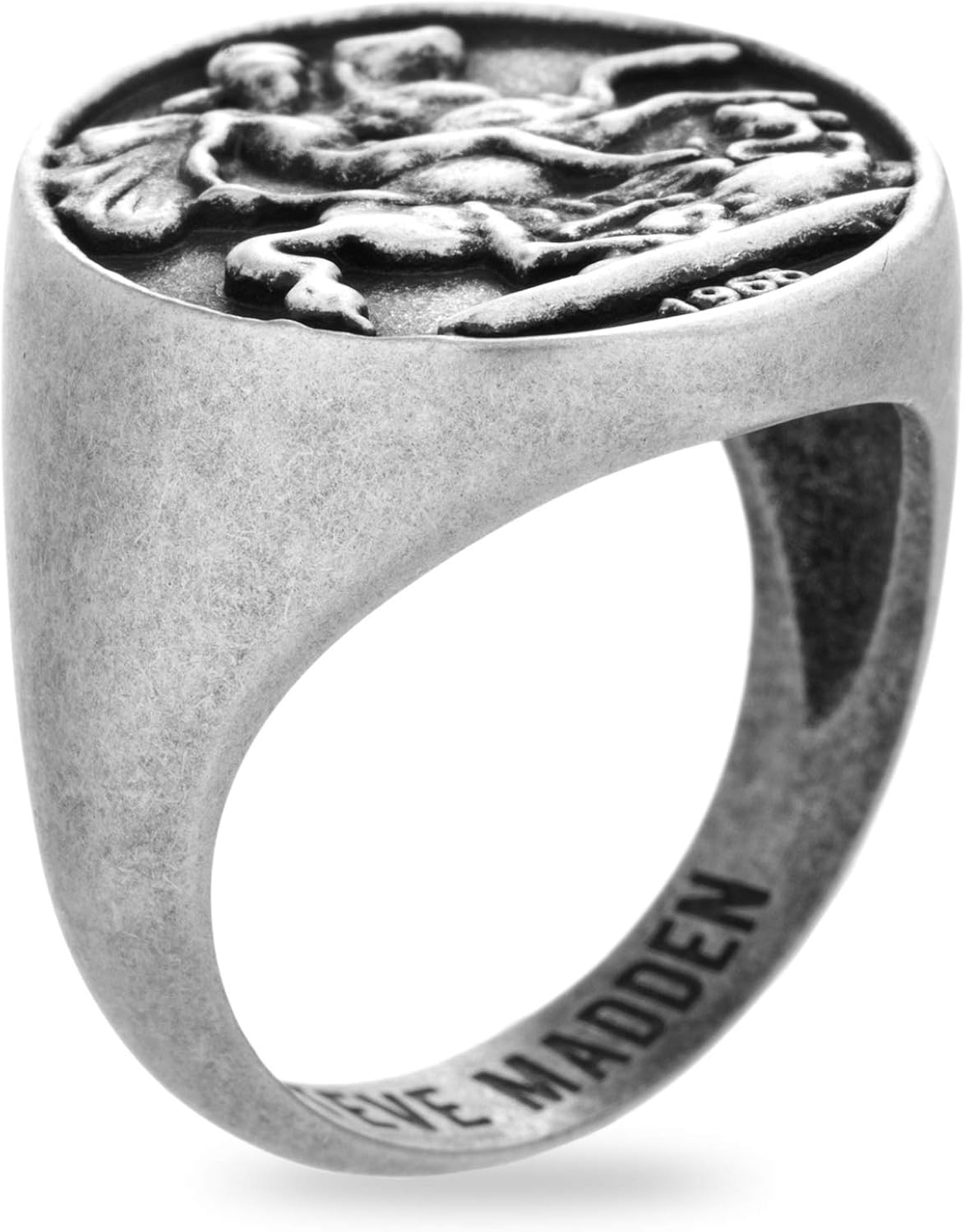 Steve Madden Oxidized Stainless Steel Old Greek Coin Stallion Warrior Ring For Men|