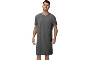 WiWi Men's Nightshirt Short-Sleeve Nightgown Viscose from Bamboo Soft Loose V-Neck Sleepwear Nightwear Sleepshirt Gowns S-XXL