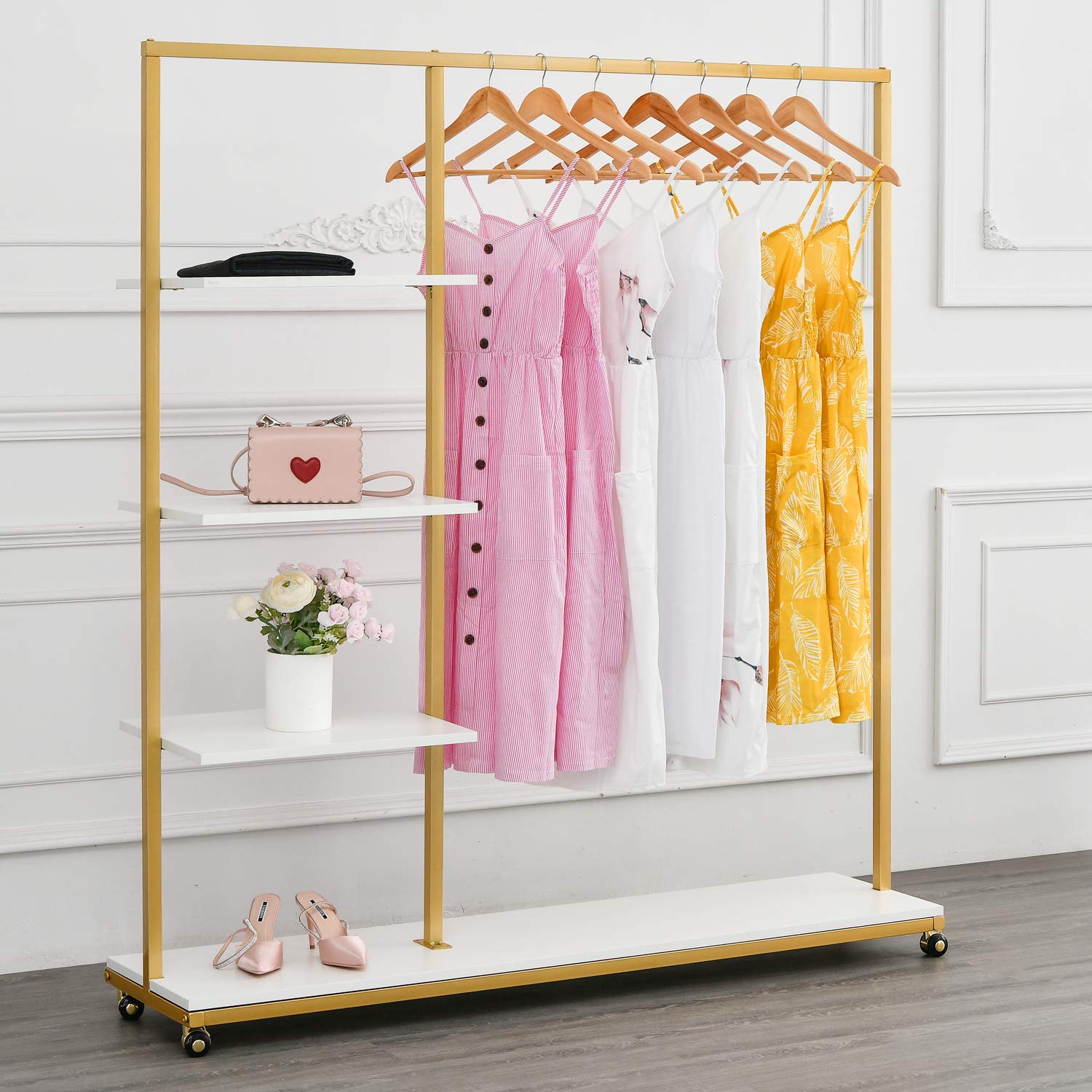 Rolling Gold Clothing Racks on Wheels with Metal Pipes Modern Floor Standing Clothes Display Racks Hanging Clothes 4-Tier Garment Rack with Wood Shelves for Bedroom Living Room Cloth Store 59"