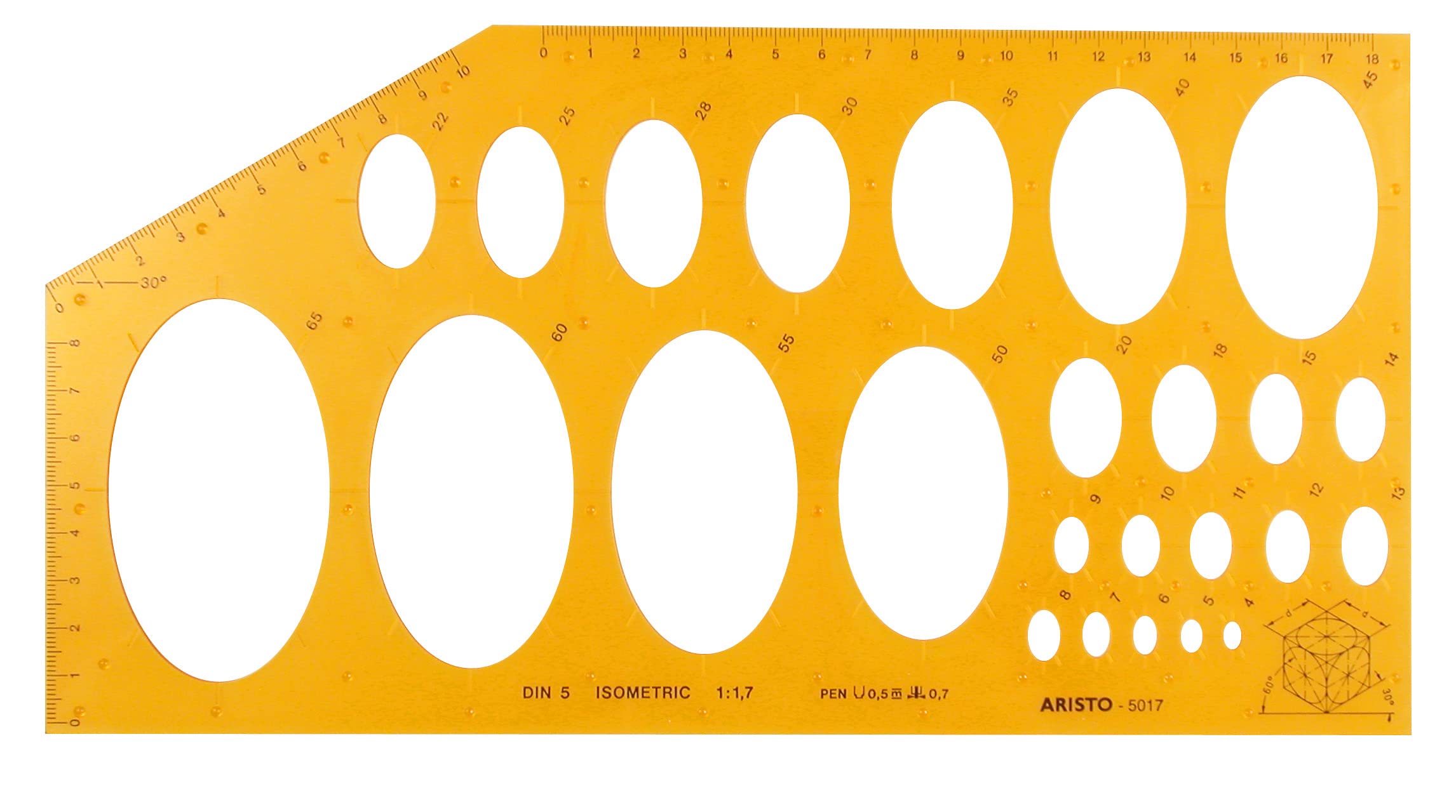Aristo AR5017 Elliptical Template Isometric (25 Ellipses on Isometric Axes, Diameter 4 to 65 mm, Ink Nubs, Dimensionally Stable Plastic) Orange/Transparent