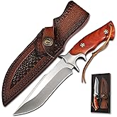 QIXENIO M390 Steel Handmade Hunting Knife, Fixed Blade Full-Tang with Leather Sheath, Red Wood Non-Slip Handle - Survival, Tactical, Camping knives