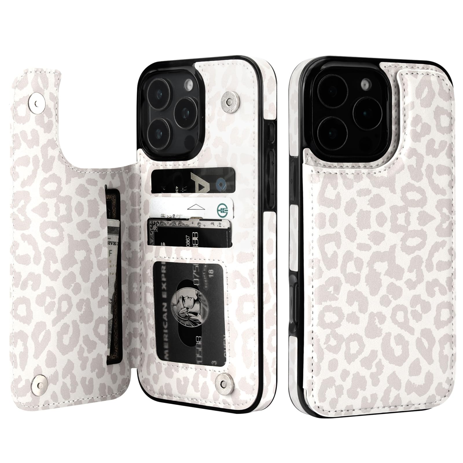 HAOPINSH for iPhone 16 Pro Max Case Wallet with Card Holder, White Leopard Cheetah Pattern Back Flip Folio PU Leather Kickstand Card Slots Case for Women Girls, Double Magnetic Clasp Shockproof 6.9"
