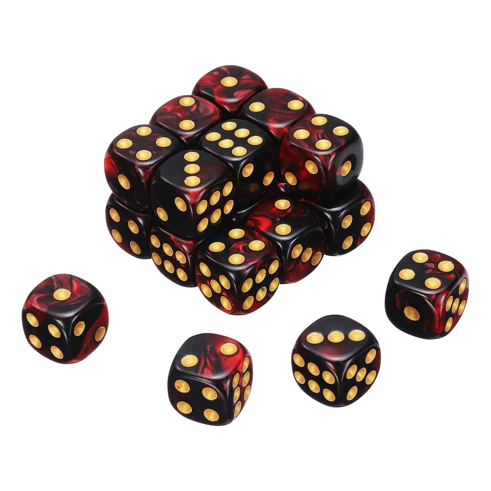 sourcing map 20Pcs 6 Sided Colored Standard Dice, 16mm Acrylic D6 Mini Polyhedral Pearl Pattern Two Tone Colors Game Dice Set for Table Games, Black/Red, Gold Point
